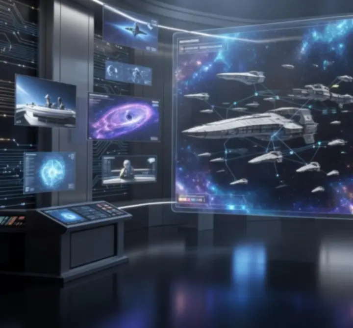Kosmiczne centrum dowodzenia z holograficznymi ekranami przedstawiającymi wiadomości Astropulse.