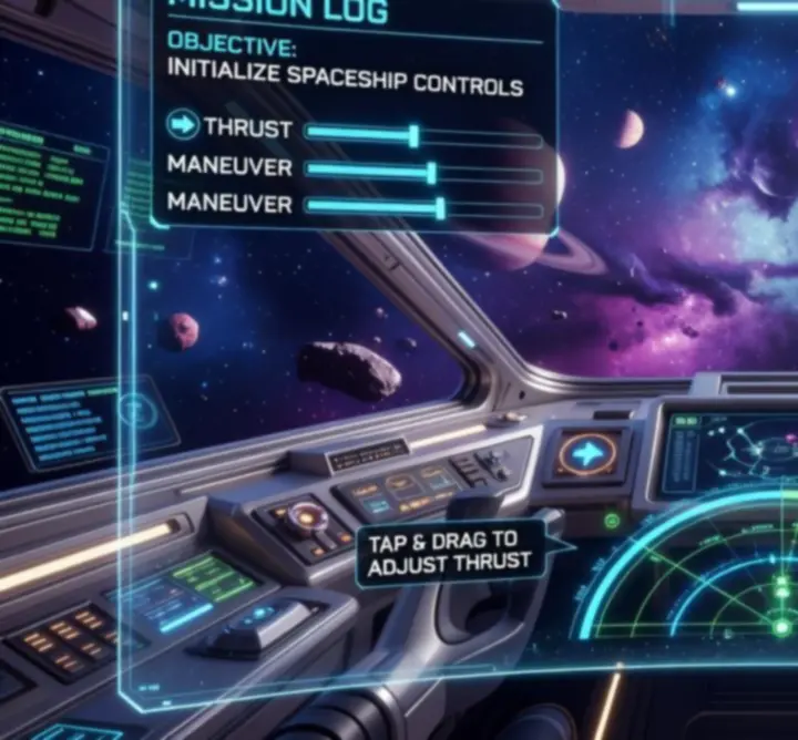 Ekran samouczka ASTROPULSE prezentujący podstawy sterowania i interfejsu
