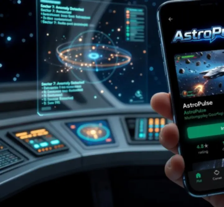 Prezentacja mobilnej wersji AstroPulse z kosmicznym motywem na ekranie smartfona.
