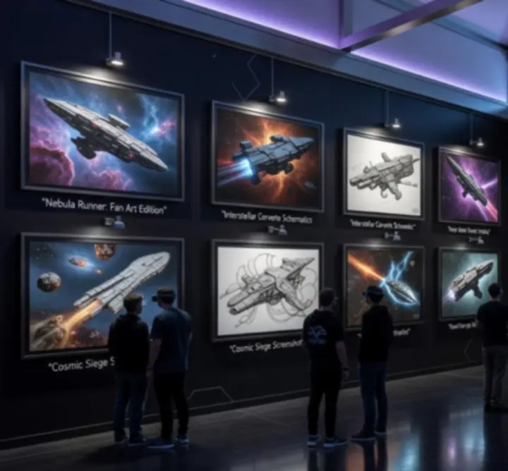 Kolaż fanartów i zrzutów ekranu z kosmicznych przygód graczy Astropulse.