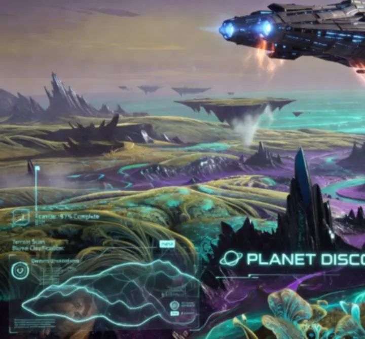 Widok proceduralnie generowanej planety w grze Astropulse z interfejsem eksploracji.
