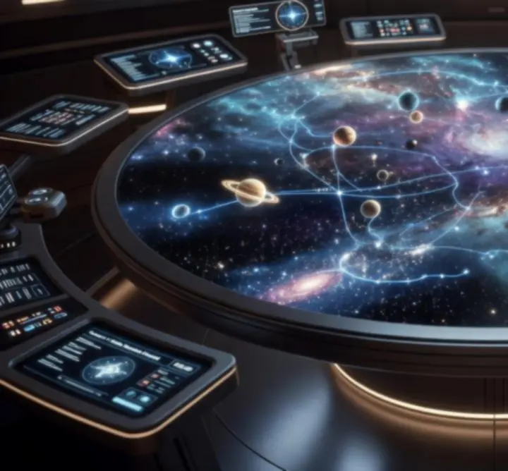 Mapa galaktyczna Astro Pulse z wyznaczoną trasą między planetami i zaznaczonymi sektorami zagrożenia.