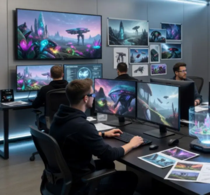 Zespół projektantów gier pracujący przy futurystycznych stanowiskach nad mechanikami Astropulse.