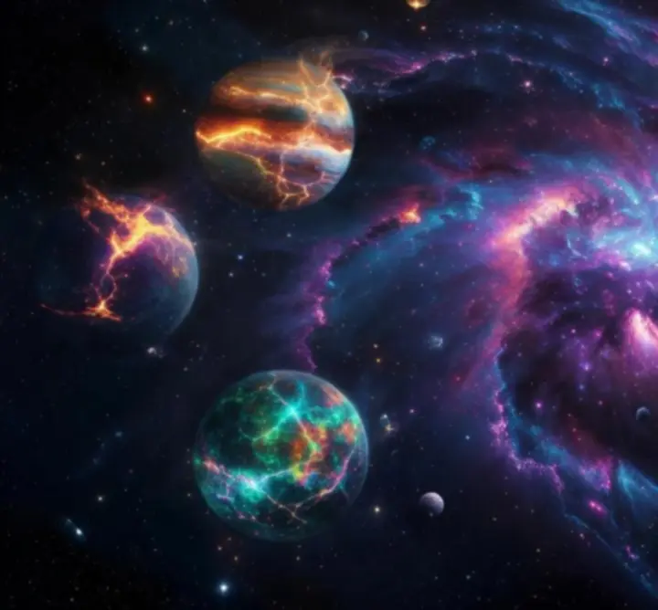 Futurystyczna wizja kosmicznego uniwersum gry AstroPulse z galaktykami i planetami